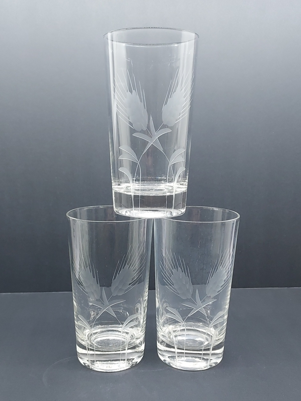 Vintage Javit Crystal Iced Tea Tumblers Etched Fine Wheat Set of 3